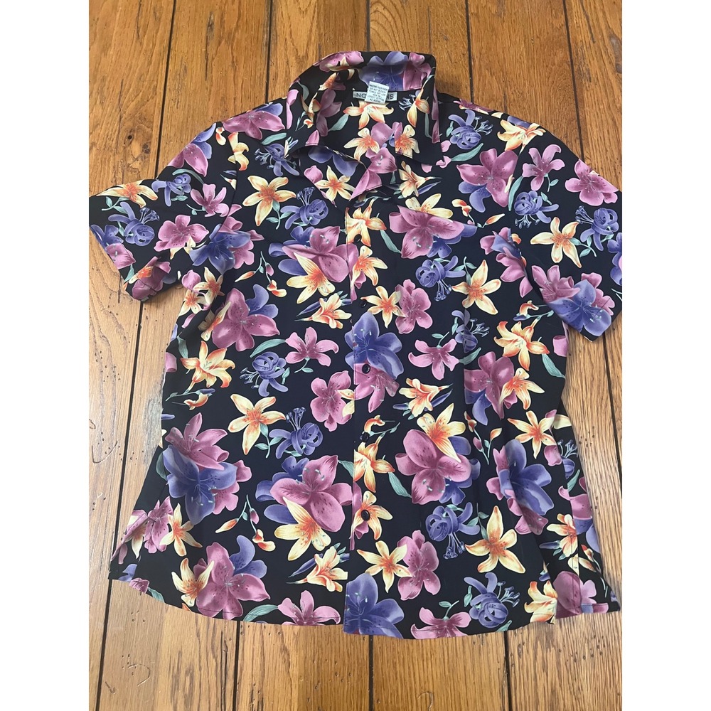 Notations‎ Vintage Floral Lily Button Down Shirt Short Sleeve Purple Black M